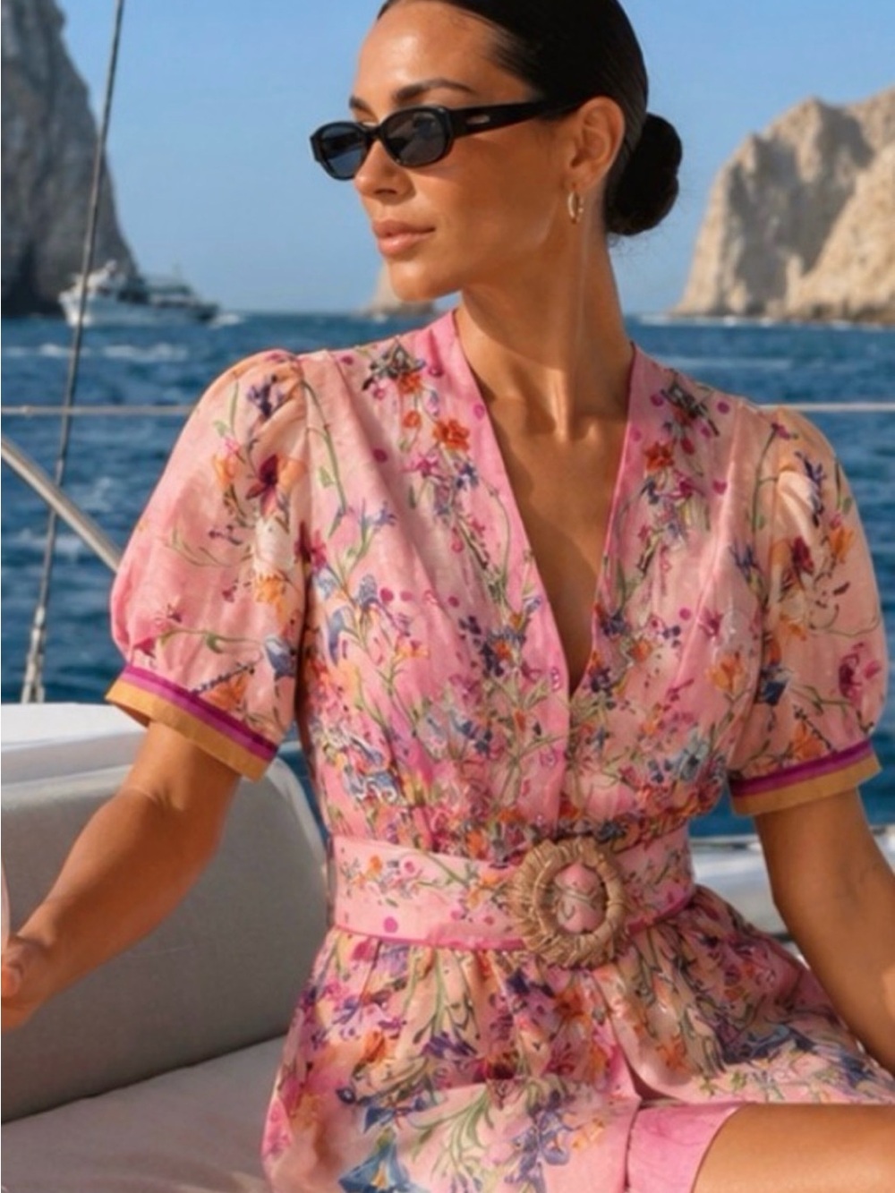 La Fuori Pink Floral Short Jumpsuit with Belted Waist